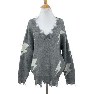 Soho Boutique Sweater Womens S/M SGray Lightning Bolt Fringe Jagged Edge V Neck